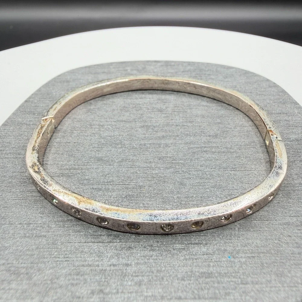Silver Tone Rhinestone Hinged Bangle Bracelet Crystal Bezel Minimalist Jewelry
